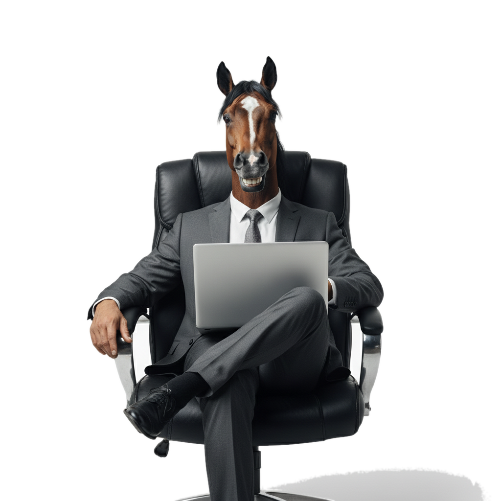 Phil, o mascote da Trackinno, trabalhando de notebook